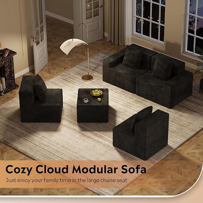 WLIVE 32'' Middle Sofa Seat of Cloud Sectional Couches for Living Room Boneless Armless Chair Memory Foam Corduroy Black