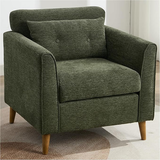 Modern Accent Chair with Wooden Legs Plush Fabric Armchair Cozy Reading Chair for Living Room Bedroom Study (Green Armchair)