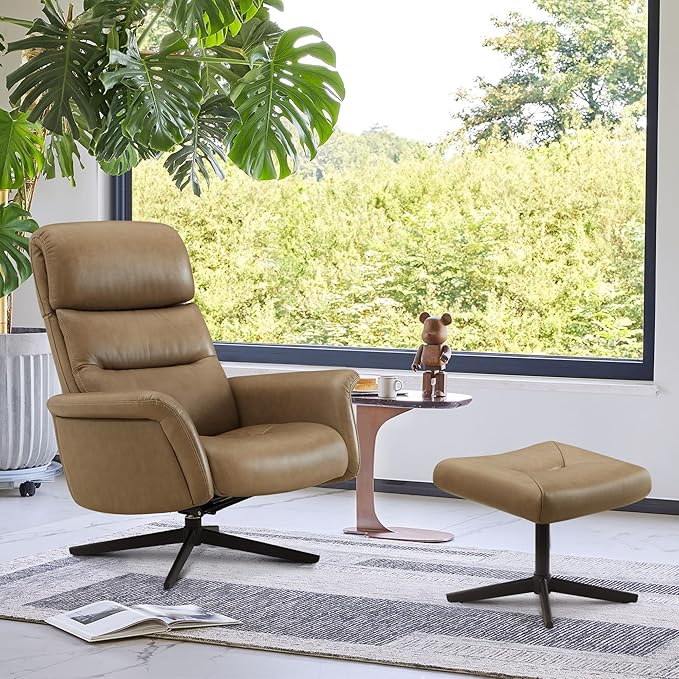 CHITA Genuine Leather Self-Weight Reclining Swivel Chair with Adjustable Headrest and Ottoman for Living Room Office Mocha