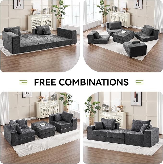 79 Boneless Cloud Loveseat Sofa Couch Modular Foldable Floor Sofa with Ottoman Chenille Lounge Convertible Sofa Bed for Living Room No Assembly Dark Grey