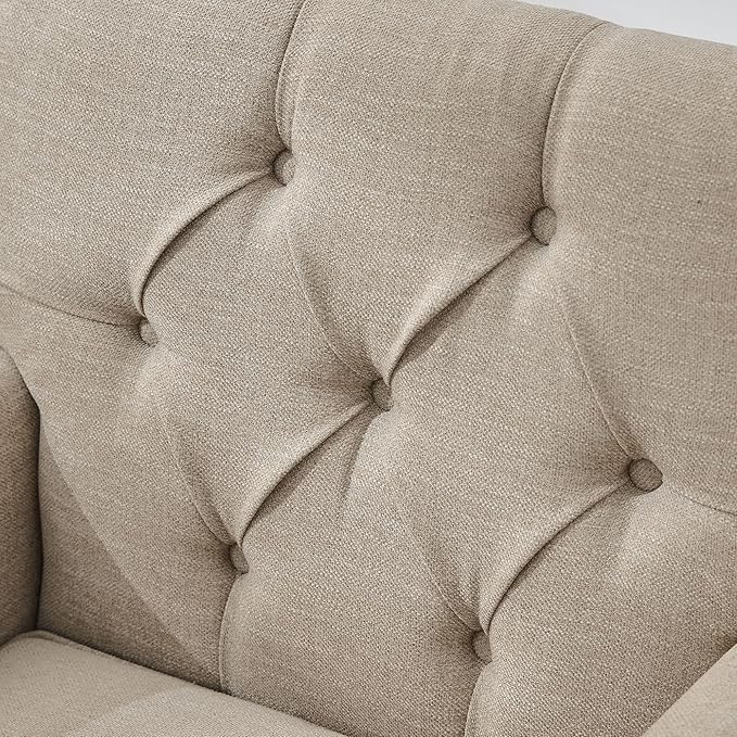 HUIMO Tufted Club ChairAccent Chair with Lumbar Pillow Upholstered Button Armchair Linen Fabric Sofa Chairs for Bedroom Living Room Mid Century Modern with Studded Reading Chair Brown