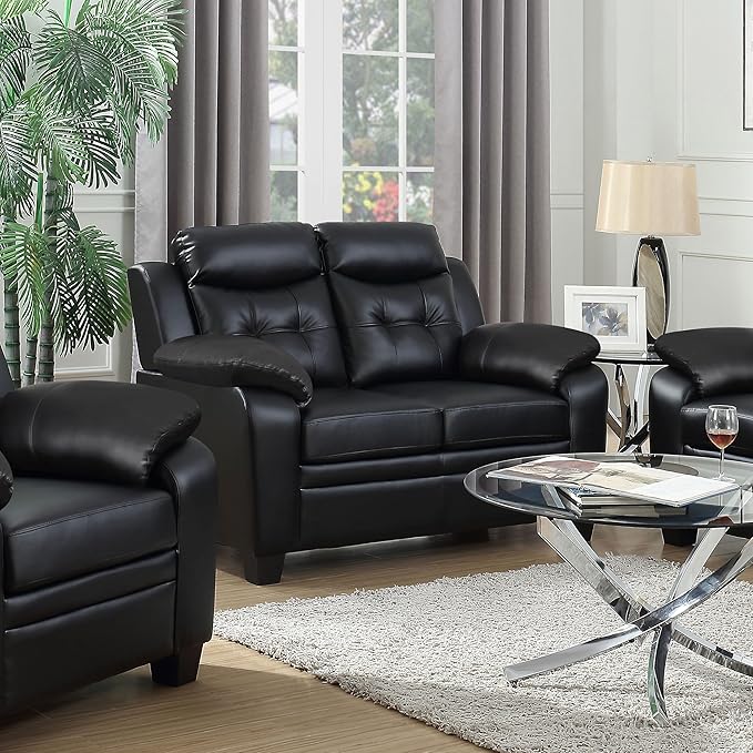Coaster Home Furnishings - Finley - Leatherette - Upholstered Tufted Loveseat with Flared Armrest and Tapered Legs - Living Room - Black - 506552