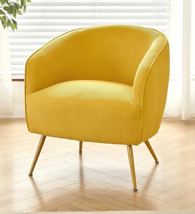 Modern Corduroy Accent Chair with Gold Metal Legs Channel Back Design and Soft Upholstery Comfortable Seating for Living Room Bedroom or Office Yellow