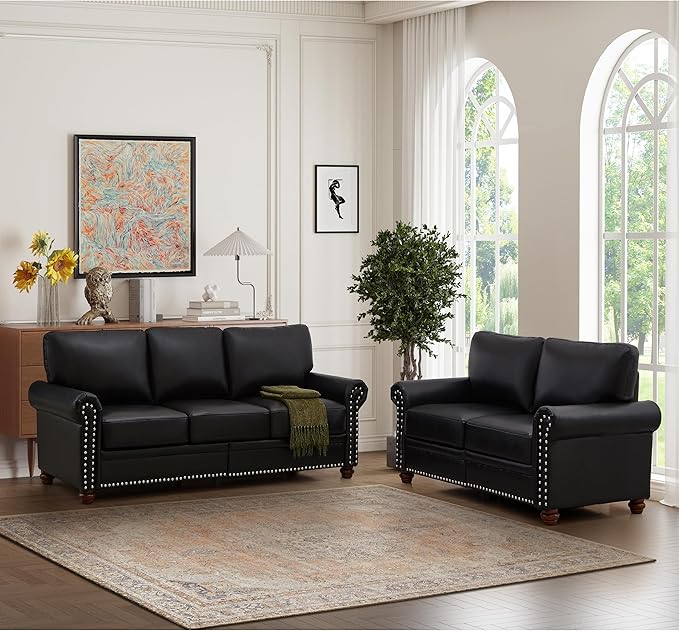 Faux Leather Sofa Set of 2: Love Seat +3 Seat Couch Underseat Storage Classic Sofa Elegance Rolled Armrests Nailhead Trim Wood Legs Classic Living Room Accent 2+3 Seat-Black