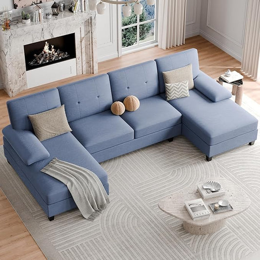 Shintenchi U-Shaped Sectional Couches for Living Room 4 Seat Sofa with Double Chaise LoungesSolid Wood Frame Sectional Sofa for ApartmentBlue