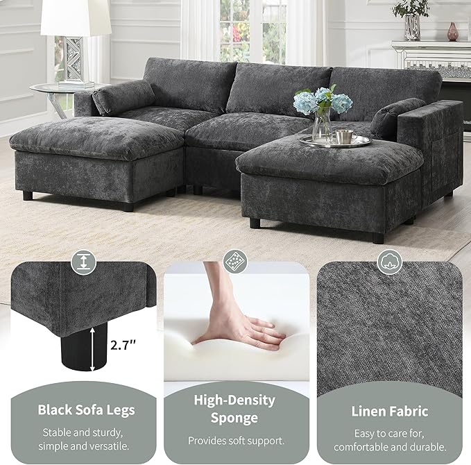 kevinplus 86.5'' Sectional Sofa Couch with Ottoman for Living Room Modern Contemporary 3-Seat Sectional Sofa Couch for Apartment Chenille Fabric Dark Gray
