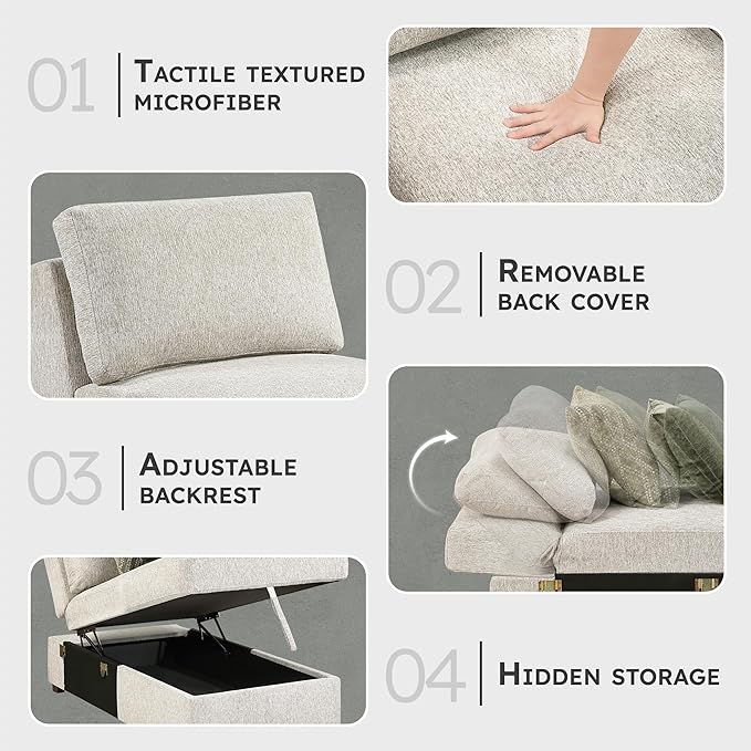 Lexicon Modular Sectional Sofa Module for Sectional Couch Armless Convertible Storage Chaise 2 Pillows Adjustable Backrests Removable Back Cushion Cover Microfiber Sand