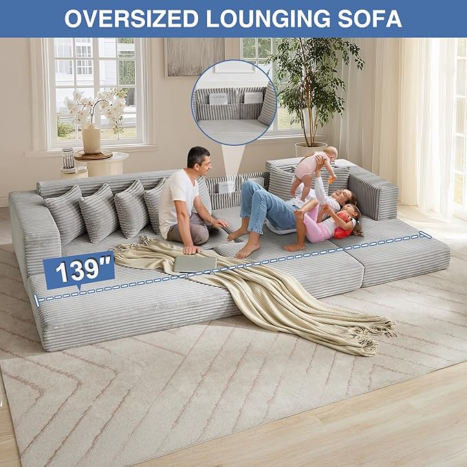 110'' Oversized Cloud Sectional Couches for Living Room Convertible Sleeper Sofa Bed Big Comfy Couch with 2 Side Pockets &amp 8 Pillows Corduroy Free-Combined (Light Gray 110 -Right Facing Chai