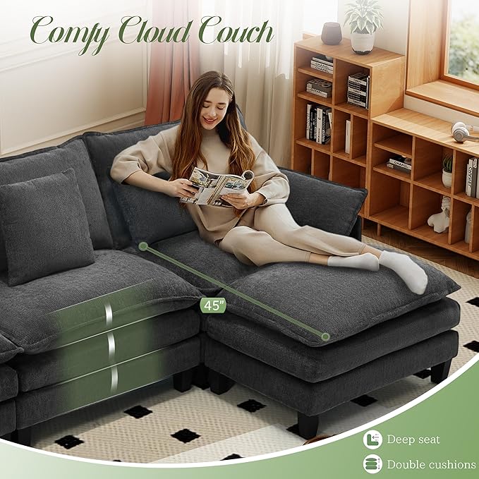 Cloud Couch 140 Modular Sectional Sofa with Movable Ottoman U Shaped Modern Sofa with Pillows Deep Seat Couches for Living Room Bedroom and Apartment Comfy Couch Grey