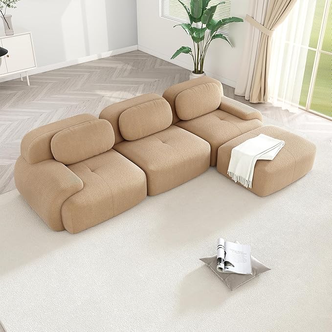 Modular Sectional Sofa Boneless Couch Cloud Sectional Couches for Living Room Oversized L Shaped Couch with Deep Seat and Ottoman Comfy Corduroy Upholstery Camel Couches No Assembly(3S+1O)