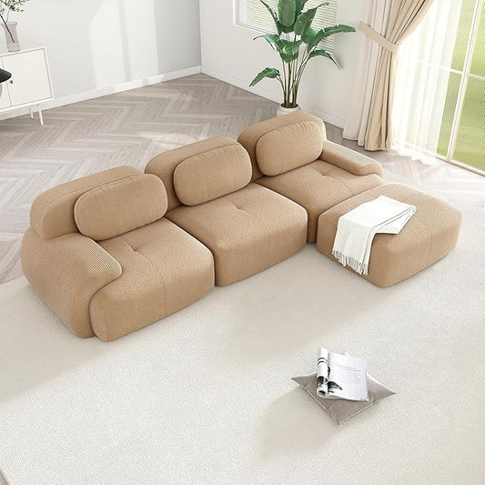 Modular Sectional Sofa Boneless Couch Cloud Sectional Couches for Living Room Oversized L Shaped Couch with Deep Seat and Ottoman Comfy Corduroy Upholstery Camel Couches No Assembly(3S+1O)