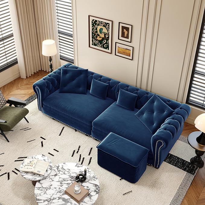 KEIKI King Size Convertible Chesterfield Sofa Bed 89 Velvet Couch with Ottoman Tufted Design 3-in-1 Sleeper Sofa for Living Room Bedroom or Office Blue