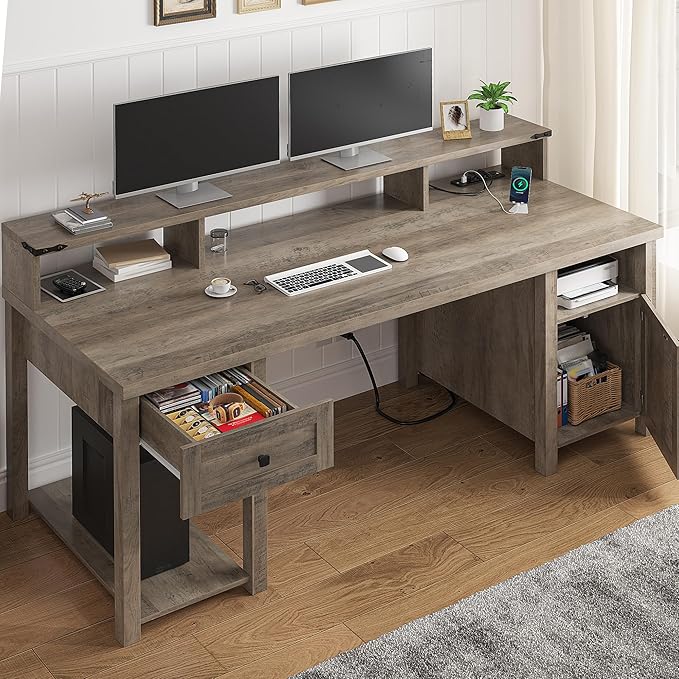 EnHomee Computer Desk with Drawers23 D Home Office Desk with StorageWooden Desk with Monitor StandFarmhouse Desk with Printer Space and Power Outlets for StudioWork StudyWriting&ampGaming