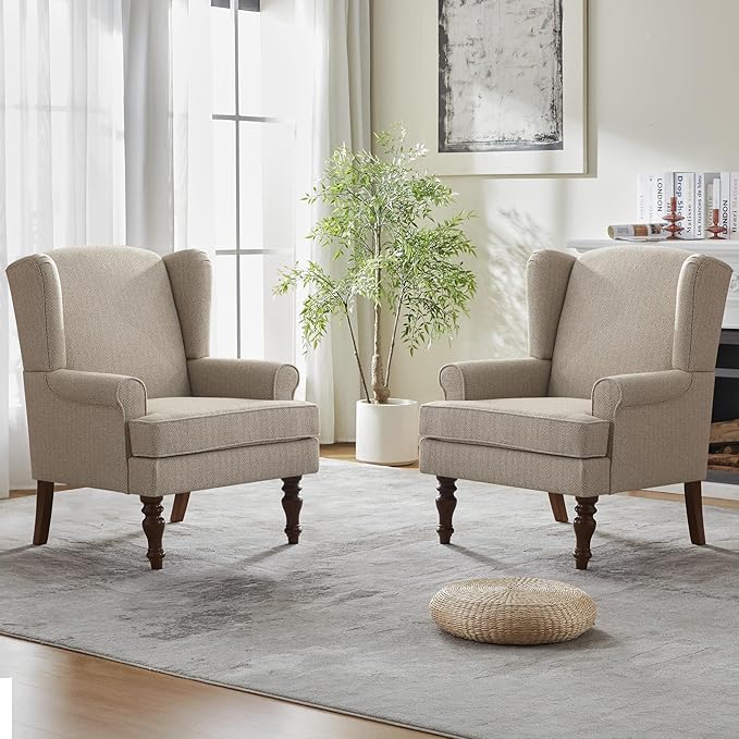 HUIMO Printed Wingback Accent Chair Linen Upholstered High Back Armchair Comfy Reading Chair for Living Room Bedroom Study 300lbs Weight Capacity (2 Brown with Lines)