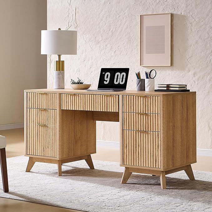 T4TREAM Fluted Executive Desk with Drawers 60 Modern Home Office Computer Desk with Charging Station File Cabinet Keyboard Tray and Storage Cabinet for Study Living Room Bedroom Natural Oak