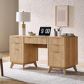 T4TREAM Fluted Executive Desk with Drawers 60 Modern Home Office Computer Desk with Charging Station File Cabinet Keyboard Tray and Storage Cabinet for Study Living Room Bedroom Natural Oak