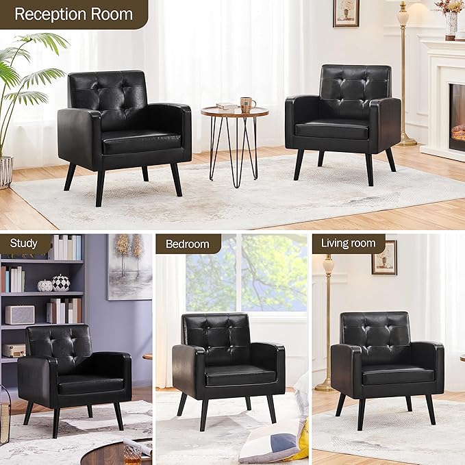 Yaheetech Mid-Century Accent Chairs PU Leather Modern Upholstered Living Room Chair Cozy Armchair Button Tufted Back and Wood Legs for Bedroom/Office/Cafe Black 2PCS