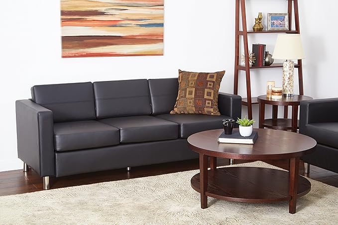 OSP Home Furnishings Pacific Sofa with Padded Box Spring Seats and Silver Finish Legs Black Vinyl