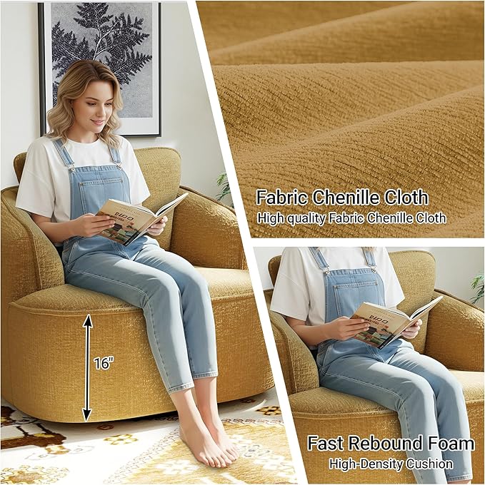 36 Swivel Barrel Chair 360° Rotating Accent Chair with Plush Chenille Upholstery Ergonomic Back &amp Boneless Comfort for Living Room Bedroom Office No-Assembly Gold