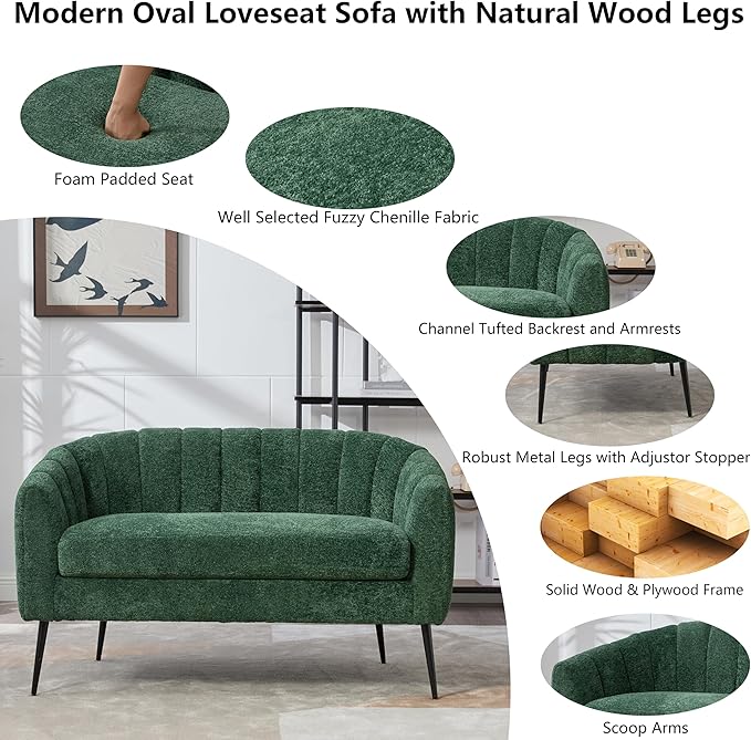 50.2 Small Sofa Couch for Small SpacesModern Chenille Loveseat CouchesOval 2 Seater Sofas Love Seat with Black Metal Legs for ApartmentBedroomRV (Green with Metal Legs 50.2)