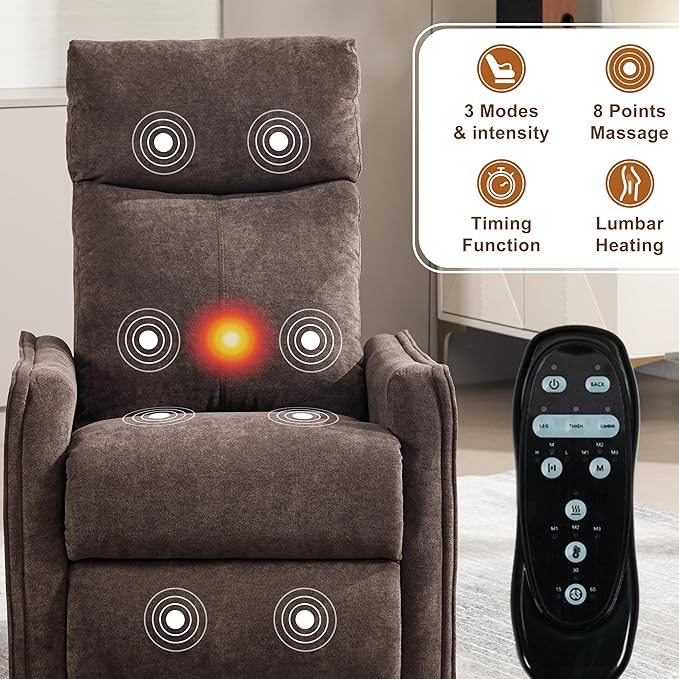 Manual 360° Swivel Rocker Recliner Chair for Adults Overstuffed Glider Chair for Nursery with Vibration Massage &amp Heat Comfy Soft Fabric Recliner Chair with Side Pockets for Living Room Brown