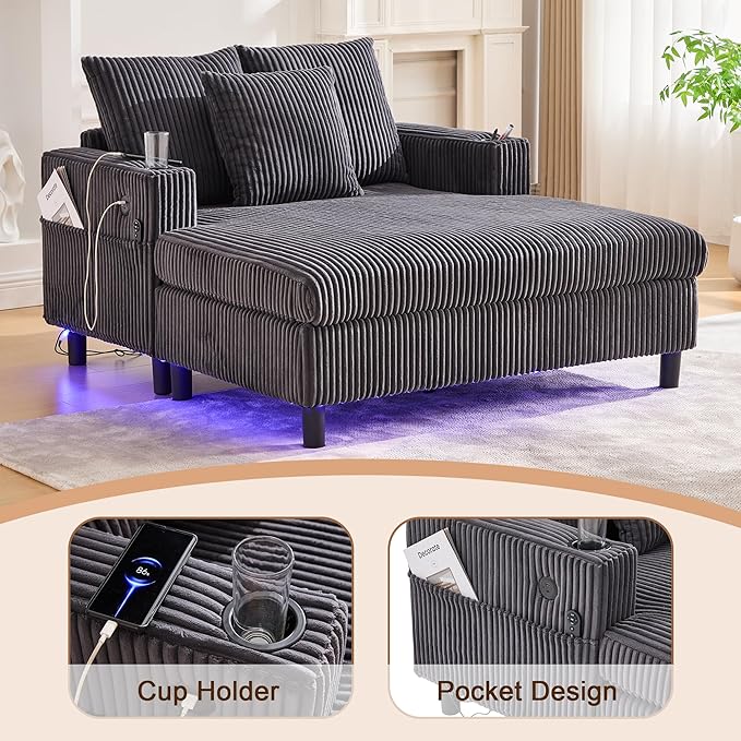 SLEERWAY Modern Corduroy Chaise Lounge Sofa Indoor - 55.9 Comfy Oversized Couch Bed with USB Ports Cup Holder Side Pocket Lights 3 Throw Pillows Lazy Recliner Chairs Living Room (Dark Gray)