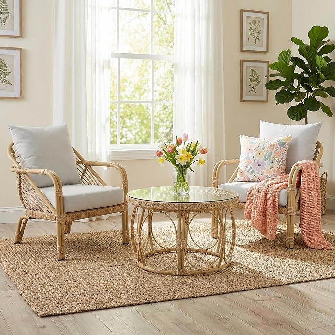 Living Room Chairs Aluminum Accent Chairs Set of 2 Comfortable Arm Chair with Glass Coffee Table Bedroom Accent Lounge Chair Boho Rattan Armchairs Modern Loveseat for Apartment Beige