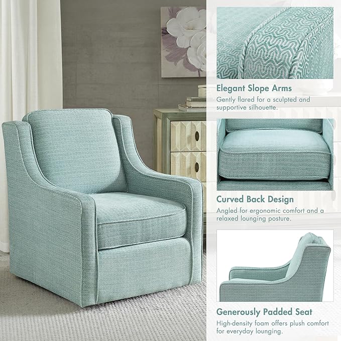 Madison Park Harris Swivel Chair - Solid Wood Plywood Metal Base Accent Armchair Modern Classic Style Family Room Sofa Furniture 28.5 Wide Dusty Aqua