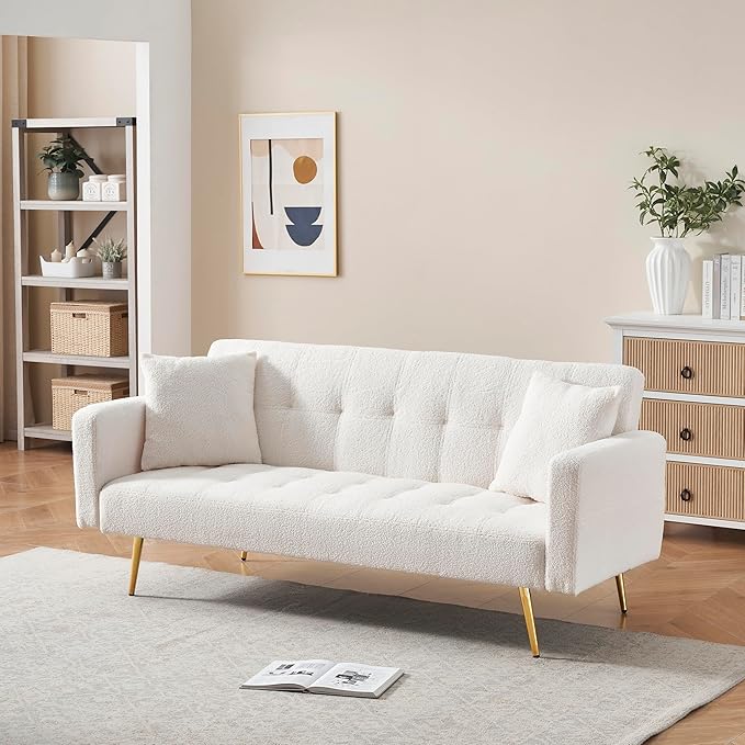 KEIKI 72 Folding Futon Sofa Couch w/Adjustable Backrest Mid Century Modern Loveseat Convertible to Sleeper Bed Small Comfy Teddy Cloud Couch SofaBed for Living Room &amp Bedroom 2 Pillows Beige