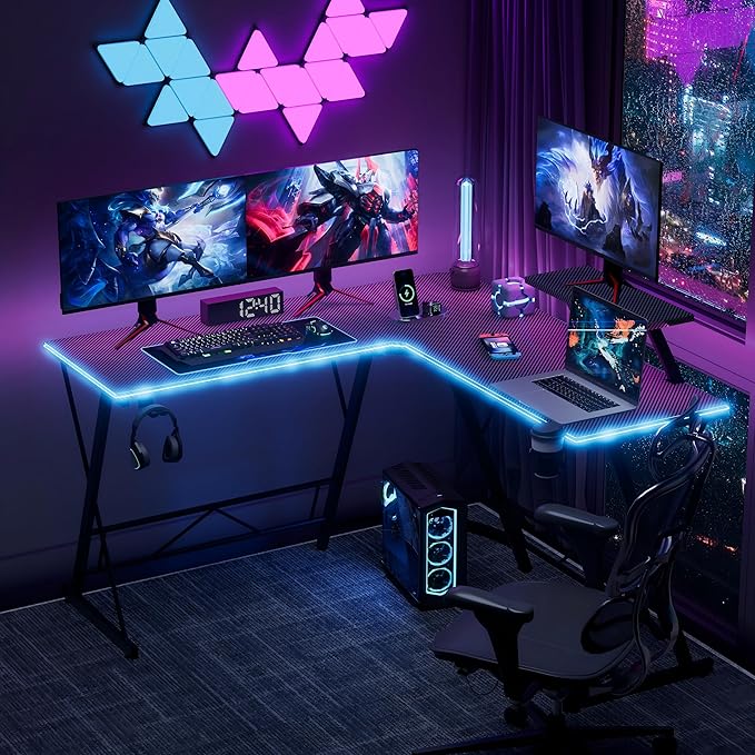 Mr IRONSTONE Gaming Desk with LED Lights L Shaped Desk Corner with Cup Holder &amp Headphone Hook Computer Desk Home Office Desks with Large Monitor Stand Carbon Fiber Surface Black 51 Inch