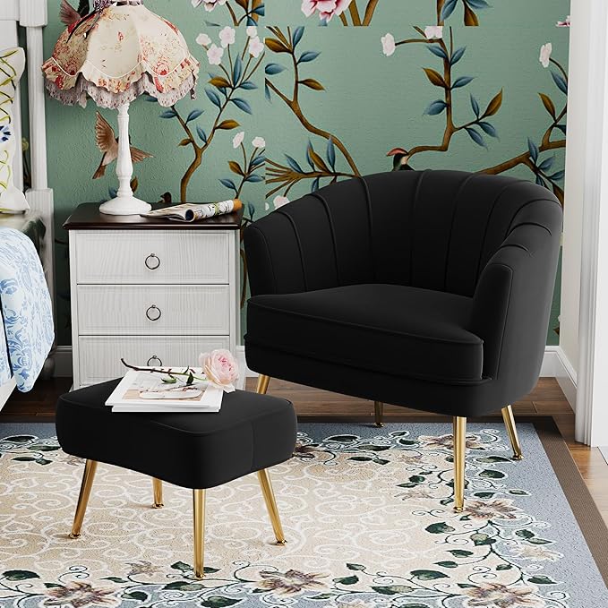 Velvet Accent Chairs with Ottoman for Living Room Bedroom Office Leisure Upholstered Single Sofa Chair Arm Chair Comfy Chair Reading Club Coffee Chair with Metal Legs Black