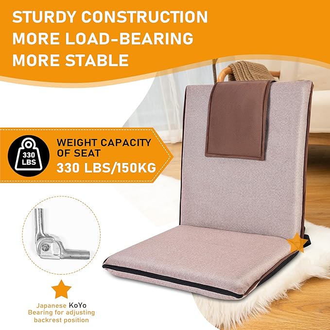 Floor Chair with Back Support 14-Position Adjustable Floor Chair Portable Ground Seating for Adults &amp Kids Foldable Meditation Seat with Japanese KOYO Bearings &amp Washable Linen Cover (Coffee)