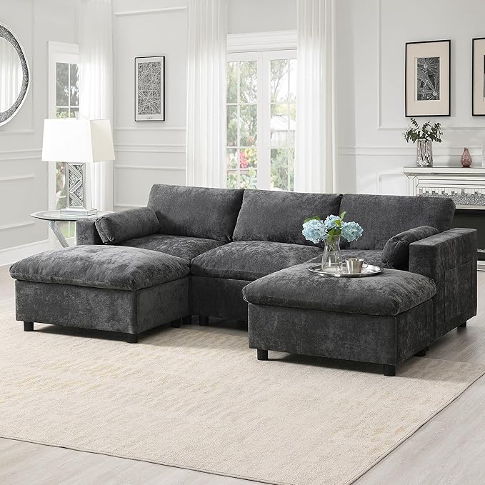kevinplus 86.5'' Sectional Sofa Couch with Ottoman for Living Room Modern Contemporary 3-Seat Sectional Sofa Couch for Apartment Chenille Fabric Dark Gray