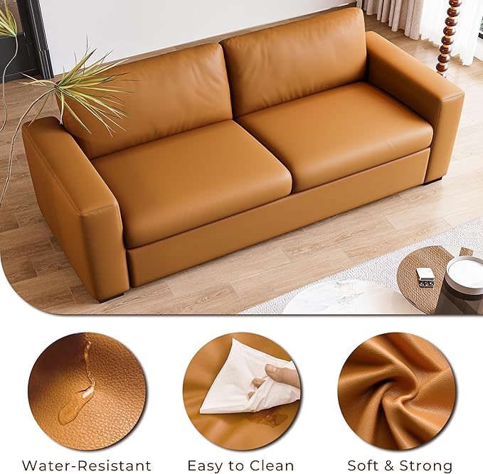 82.7 Inch Retro Orange Leather Couch Loveseat with Square Arm Mid Century Modern Comfy Compact 3-Seat Upholstered Sectional Sofa for Living Room Office and Small Space