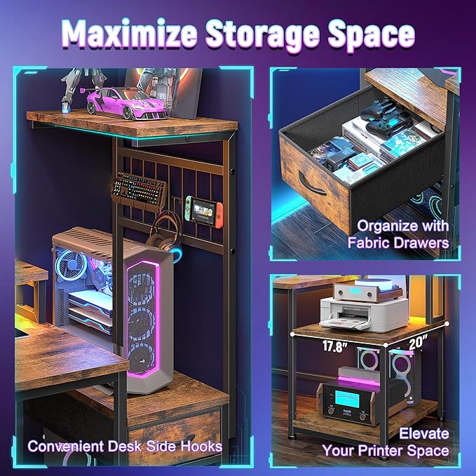 63 Gaming Desk with LED Lights &amp OutletsComputer Desk with Drawers &amp Monitor StandGaming Table with Storage Shelves &amp Printer Space for Game RoomStudy RoomHome OfficeRustic Brown