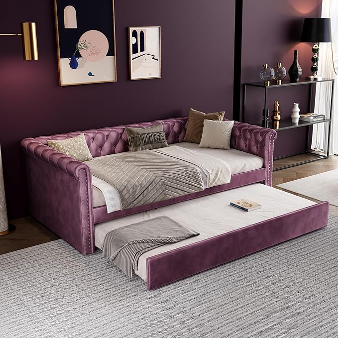 Merax Twin Size Upholstered Daybed with Trundle Modern Velvet Sofa Bed with Tufted Button Design and Curved Armrests for Living Room Bedroom and Guest Room No Box Spring Needed Purple