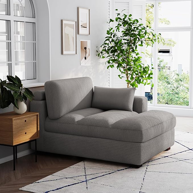 Chaise Lounge Indoor Upholstered Corduroy Sofa Counch with Left Armrest for Living Room Oversized Sleeper Sofa Bed with Pillows for Bedroom Apartment-Light Gray