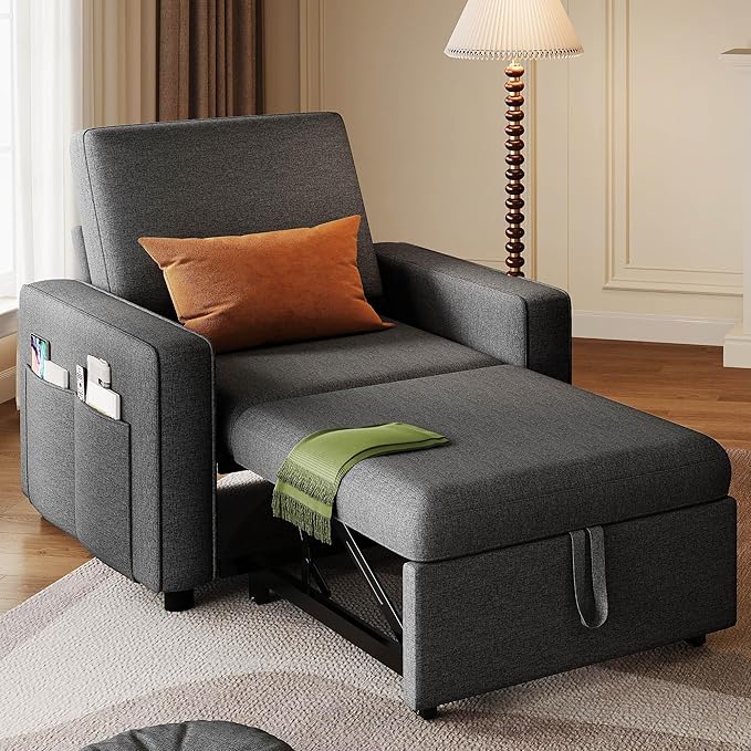 YITAHOME Convertible Sofa Chair Bed 3-in-1 Sleeper Sofa with Pull-Out Bed Linen Fabric Single Sleeper Chair with Reclining Backrest and Wide Armrest Modern Lounge Sofa for Small Space Grey