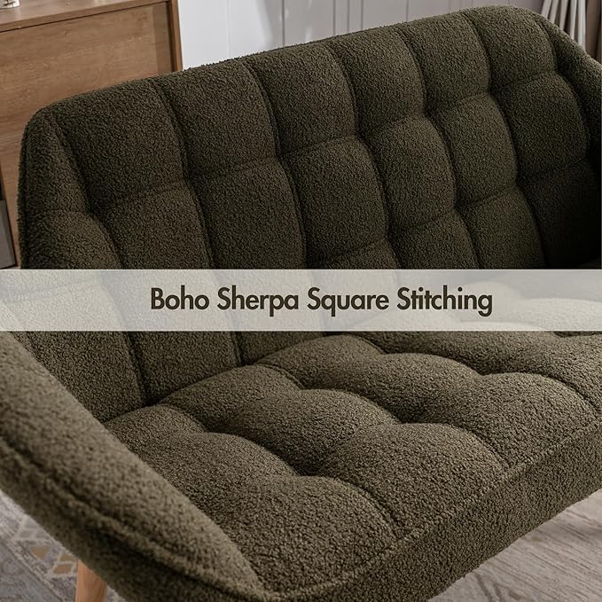Small Loveseat Sofa 48 inch Sherpa Love Seat for Living Room Comfy Mini Couch with Wood Legs for Small Spaces Bedroom Apartment Office Dark Green