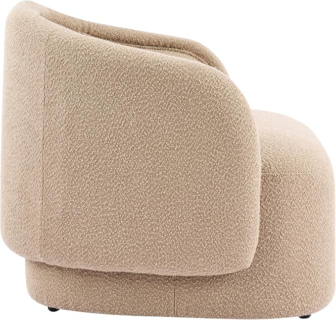 Scott Living Amanda Carly Low Profile Accent Chair Round Backrest Side Chair Living Room Armchair with Boucle Fabric Cushion Comfy Reading Chair for Bedroom Wooden Single Lounge Sofa Dark Beige