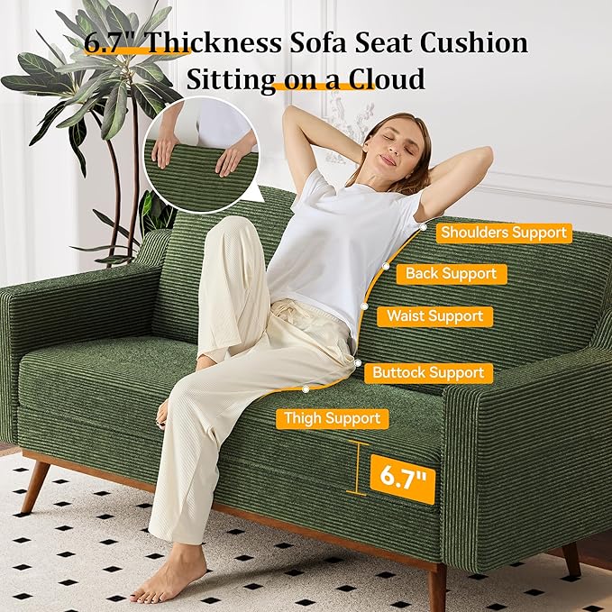 Vipbear 65.4 Loveseat Sofa Green Corduroy Couch Mid-Century Modern Small Couches for Living Room Bedroom Office Comfy Sofa with Spring Cushion Solid Wood Frame Tool-Free Assembly