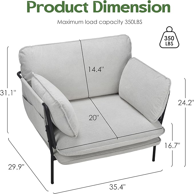 Modern Accent Chair for Living Room Oversized Reading Chair with Solid Metal Legs Upholstered Fabric Armchair with Side Pockets and 2 Pillows Comfy Accent Chairs for Bedroom Nursery White