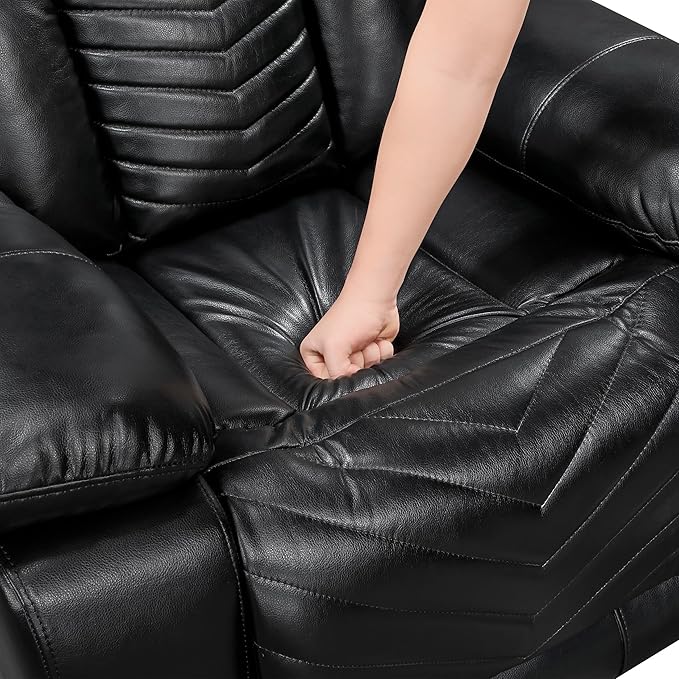 Lexicon Wall Hugger Power Double Reclining Loveseat with Console Faux Leather Home Theater Seating with LED Lighting Charging Ports Bluetooth Speaker Wireless Cup Holders Hidden Storage Black