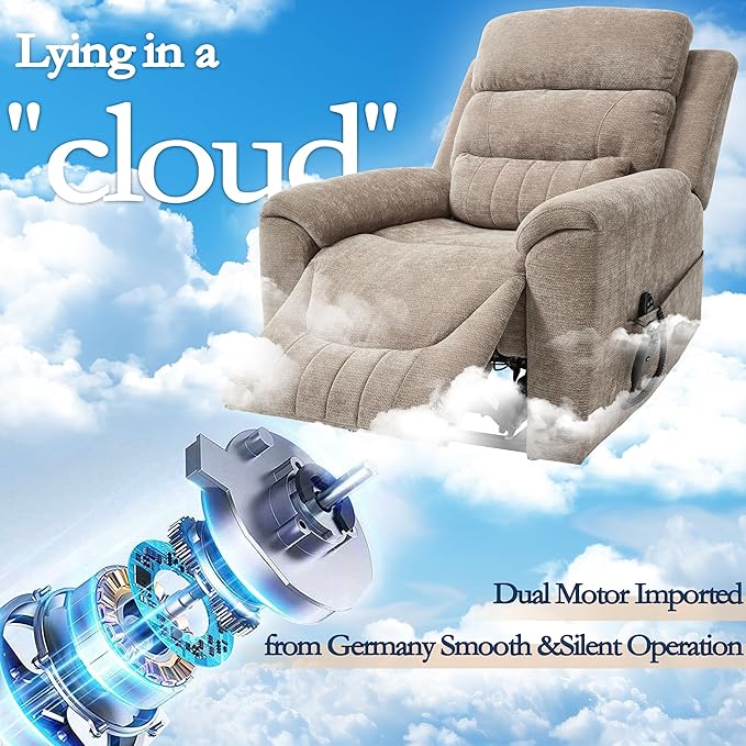 Power Lift Recliner Chair for Elderly People Dual Motor Lay Flat Recliner with Vibration Massage and Heat Heavy Duty Motion Mechanism Standing Assistance Reclining Chair Chenille Fabric Khaki