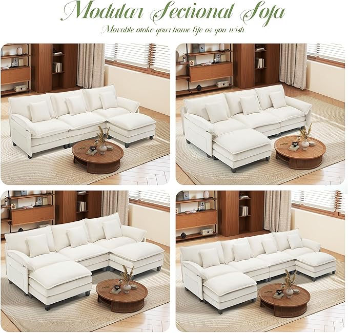 Comfy Cloud Couch with Movable Ottoman Modular Sectional Sofa 140 U Shaped Modern Sofa with Pillows Deep Seat Couches for Living Room Bedroom and Apartment Beige