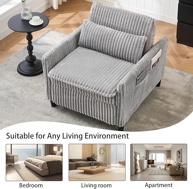 3-in-1 Convertible Sofa Chair BedPull Out Couch Single Sleeper Chair Bedwith Adjustable Backrest with Side Pockets Lounge Sofa for Living Room Bedroom Small Spaces (Gray)