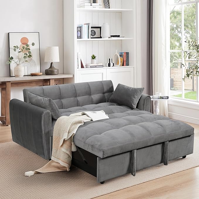 Ball &amp Cast 65 3 in 1 Large Sleeper Sofa BedVelvet Upholstered Pull Out Couch with Adjustable Back&amp2 PillowsConvertible Futon Sofa-Bed W/Side PocketLoveseat Chaise Lounge for Living RoomD