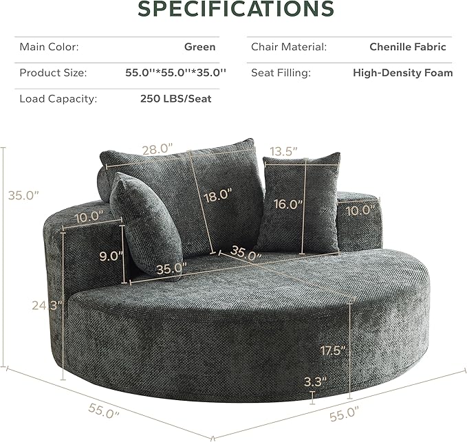 Oversized 360° Swivel Accent Chair for Living Room Modern 55’’ Comfy Chenille Extra Wide &amp Deep Seat Round Barrel Chair with Overstuffed Cushions No Assembly Needed Slate Green