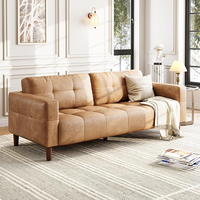 IDEALHOUSE 3-Seater Sofa Couch 83 Wide Faux Leather Sofa Couch with Spring Cushion Modern Sofa with Deep Seats and 2 Removable Back Cushions