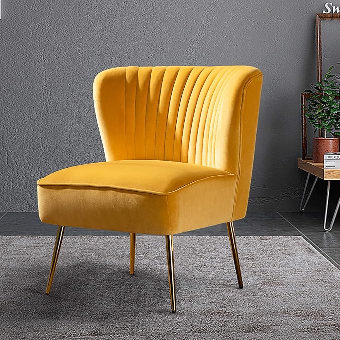 HULALA HOME 3 Piece Velvet Living Room Furniture Set Modern Comfy Upholstered Chair Set with Golden Legs include Loveseat &amp 2 Accent Chairs for Bedroom MUSTARD Tufted 2-Seater Sofa &amp Armles